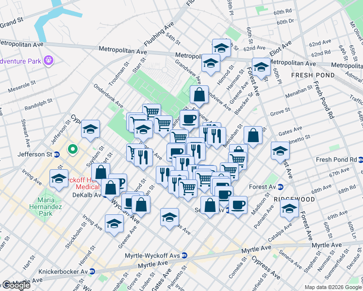 map of restaurants, bars, coffee shops, grocery stores, and more near 456 Onderdonk Avenue in Queens