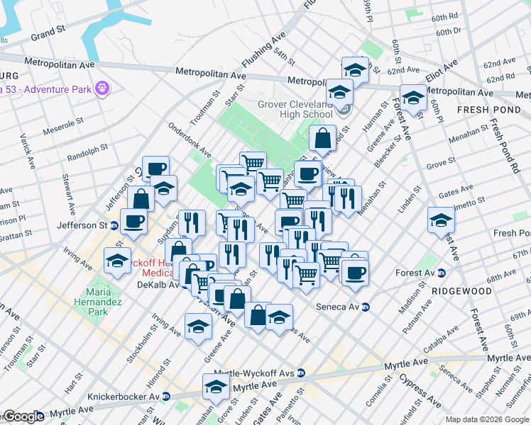 map of restaurants, bars, coffee shops, grocery stores, and more near in Queens