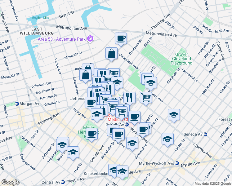 map of restaurants, bars, coffee shops, grocery stores, and more near 1390 Willoughby Avenue in Brooklyn