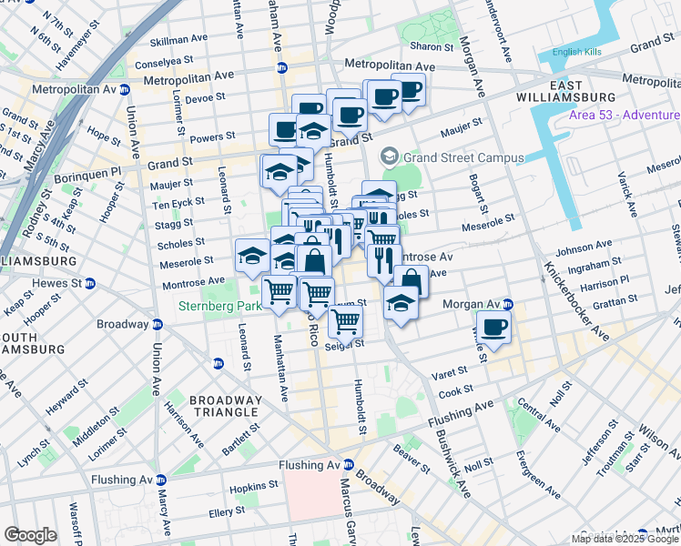 map of restaurants, bars, coffee shops, grocery stores, and more near 221 Johnson Avenue in Brooklyn