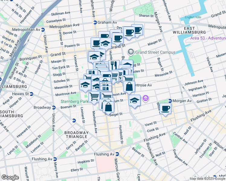 map of restaurants, bars, coffee shops, grocery stores, and more near 181 Montrose Avenue in Brooklyn