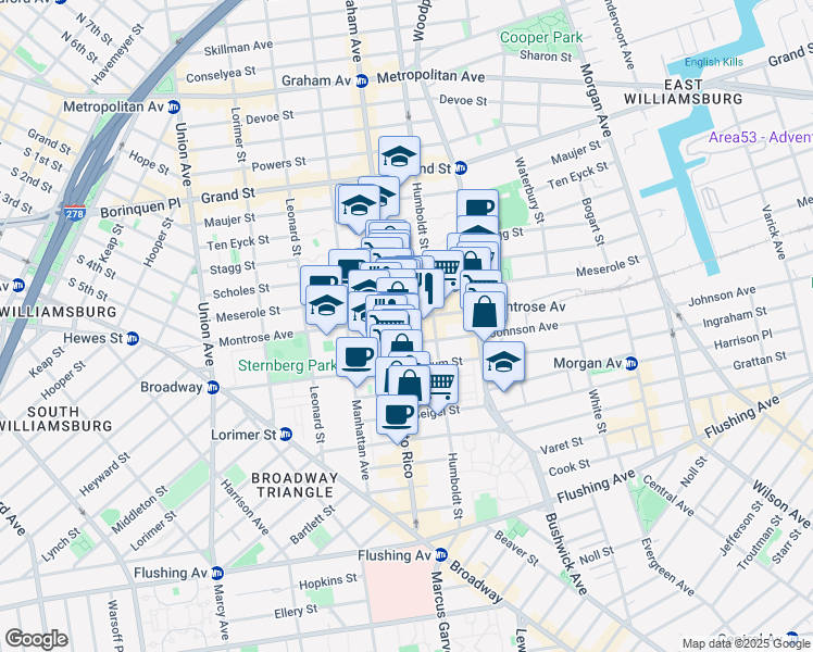 map of restaurants, bars, coffee shops, grocery stores, and more near 181 Montrose Avenue in Brooklyn
