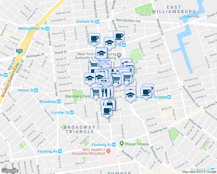 map of restaurants, bars, coffee shops, grocery stores, and more near 170 Montrose Avenue in Brooklyn