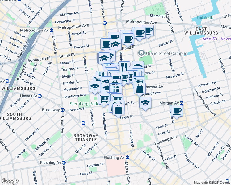 map of restaurants, bars, coffee shops, grocery stores, and more near 181 Montrose Avenue in Brooklyn