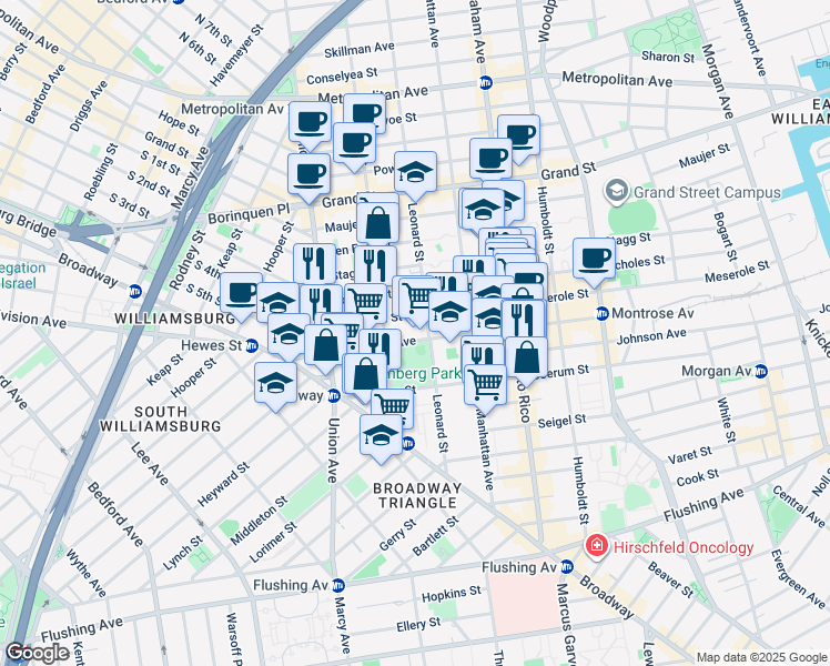 map of restaurants, bars, coffee shops, grocery stores, and more near 71 Montrose Avenue in Brooklyn