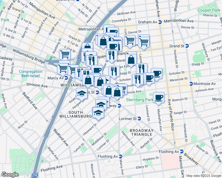 map of restaurants, bars, coffee shops, grocery stores, and more near 436 South 5th Street in Brooklyn