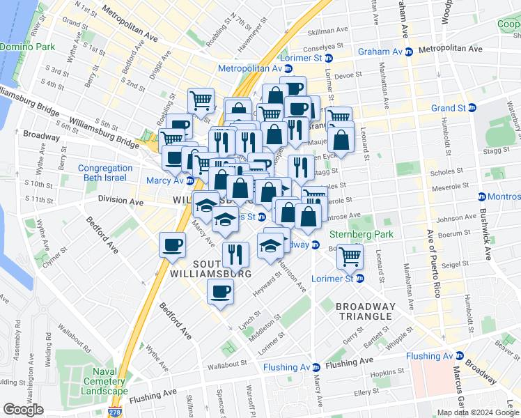 map of restaurants, bars, coffee shops, grocery stores, and more near in Brooklyn