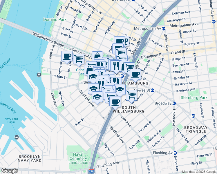 map of restaurants, bars, coffee shops, grocery stores, and more near 185 Wilson Street in Brooklyn