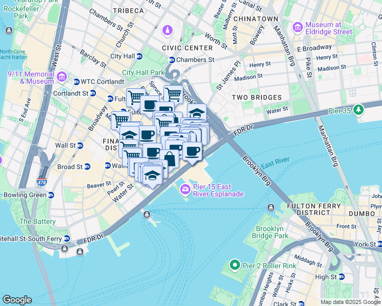 map of restaurants, bars, coffee shops, grocery stores, and more near in PECK SLIP