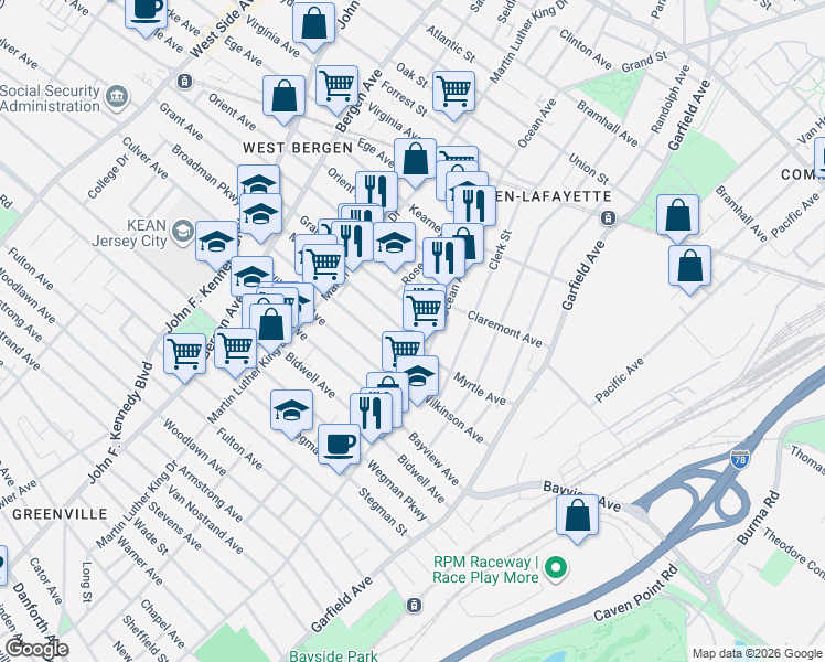 map of restaurants, bars, coffee shops, grocery stores, and more near 91 Myrtle Avenue in Jersey City