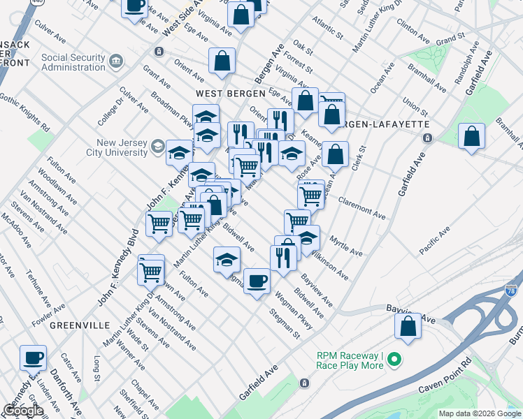 map of restaurants, bars, coffee shops, grocery stores, and more near 163 Wilkinson Avenue in Jersey City