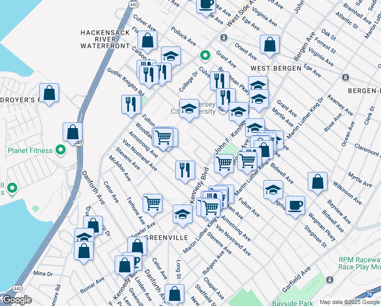 map of restaurants, bars, coffee shops, grocery stores, and more near 299 Fulton Avenue in Jersey City