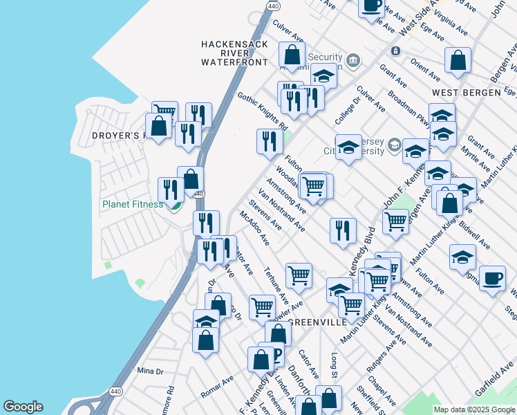 map of restaurants, bars, coffee shops, grocery stores, and more near 304A Stevens Avenue in Jersey City