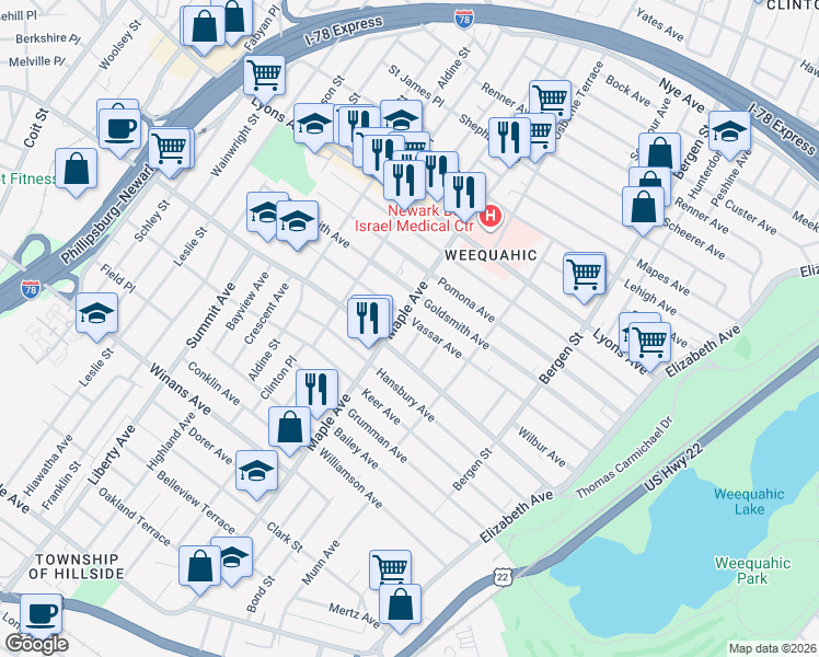 map of restaurants, bars, coffee shops, grocery stores, and more near in Newark