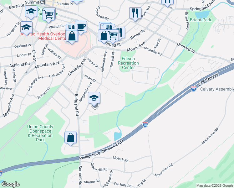 map of restaurants, bars, coffee shops, grocery stores, and more near 57 Michigan Avenue in Summit