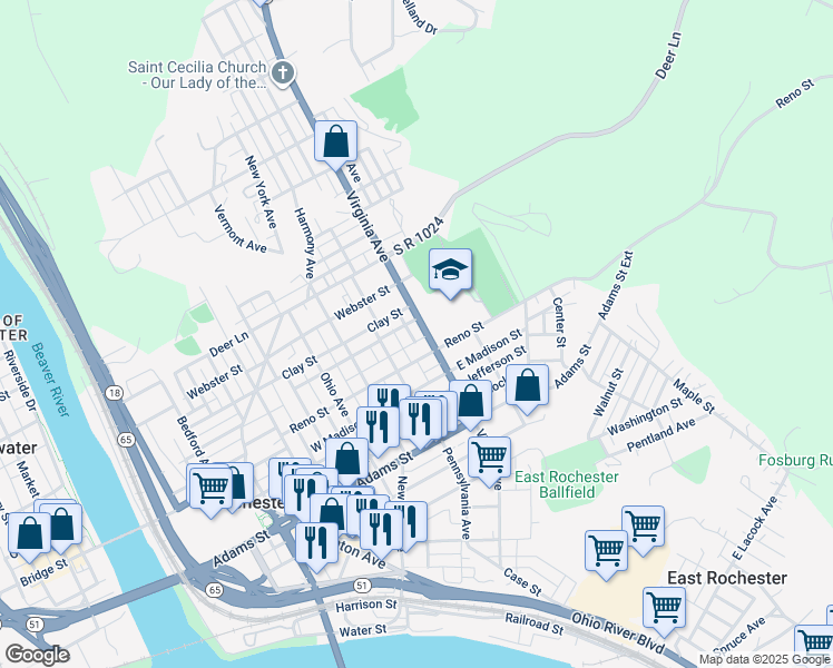 map of restaurants, bars, coffee shops, grocery stores, and more near 418 Virginia Avenue in Rochester