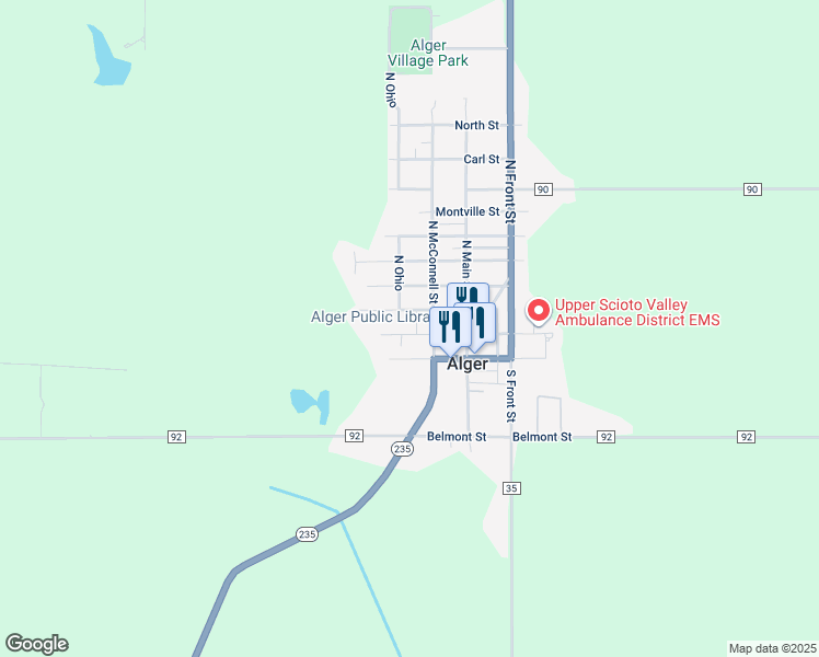 map of restaurants, bars, coffee shops, grocery stores, and more near 107 North McConnell Street in Alger