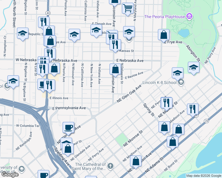 map of restaurants, bars, coffee shops, grocery stores, and more near 722 East Bel Aire Court in Peoria