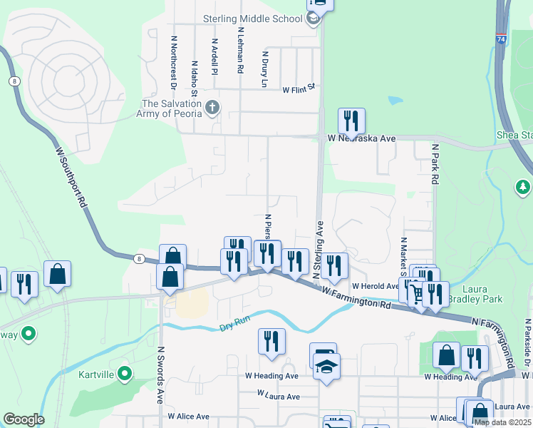 map of restaurants, bars, coffee shops, grocery stores, and more near 1522 North Pierson Avenue in West Peoria