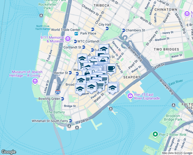 map of restaurants, bars, coffee shops, grocery stores, and more near 62 William Street in New York