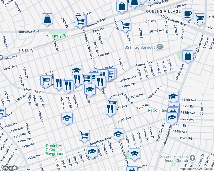 map of restaurants, bars, coffee shops, grocery stores, and more near 109-67 Francis Lewis Boulevard in Queens