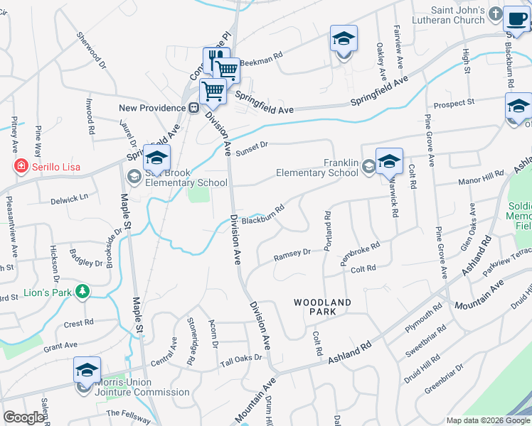 map of restaurants, bars, coffee shops, grocery stores, and more near 225 Blackburn Road in Summit