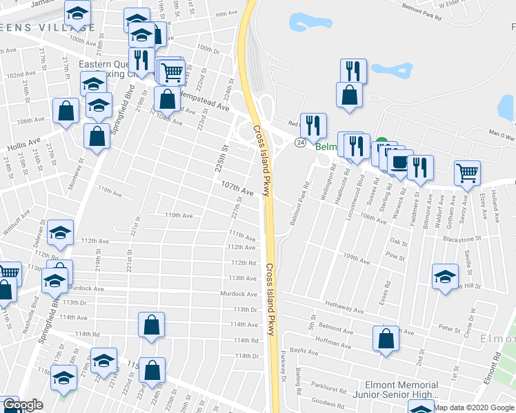 map of restaurants, bars, coffee shops, grocery stores, and more near 227-31 108th Avenue in Queens