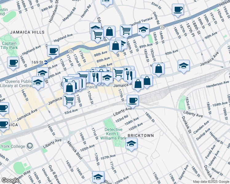 map of restaurants, bars, coffee shops, grocery stores, and more near 176-19 93rd Avenue in Queens