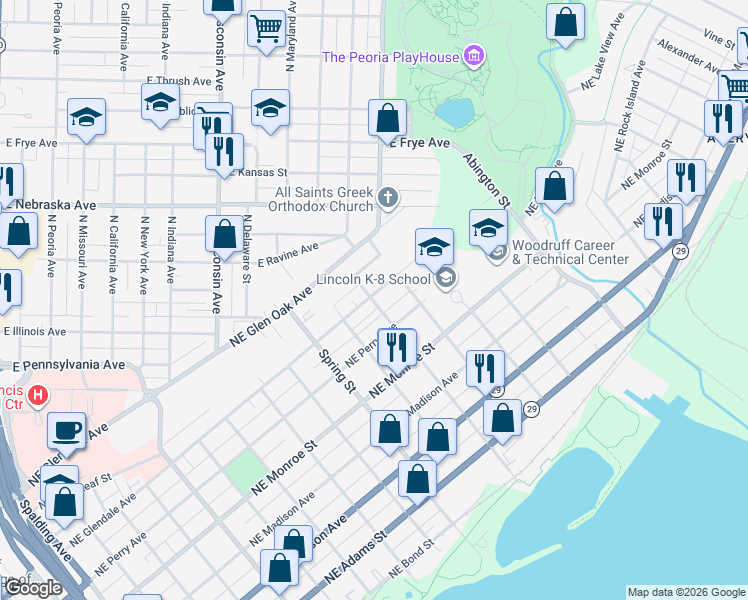 map of restaurants, bars, coffee shops, grocery stores, and more near 700 Caroline Street in Peoria