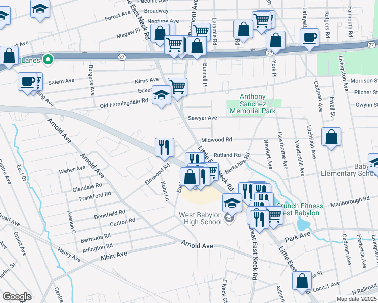 map of restaurants, bars, coffee shops, grocery stores, and more near 19 Platt Avenue in West Babylon