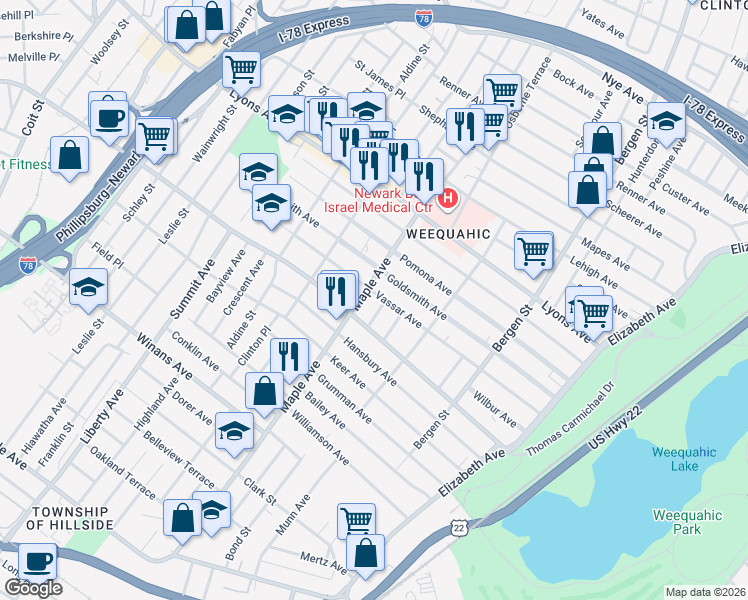 map of restaurants, bars, coffee shops, grocery stores, and more near in Newark