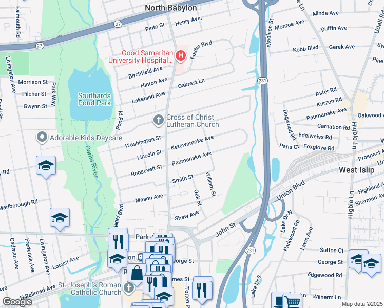 map of restaurants, bars, coffee shops, grocery stores, and more near 49 Paumanake Avenue in Babylon