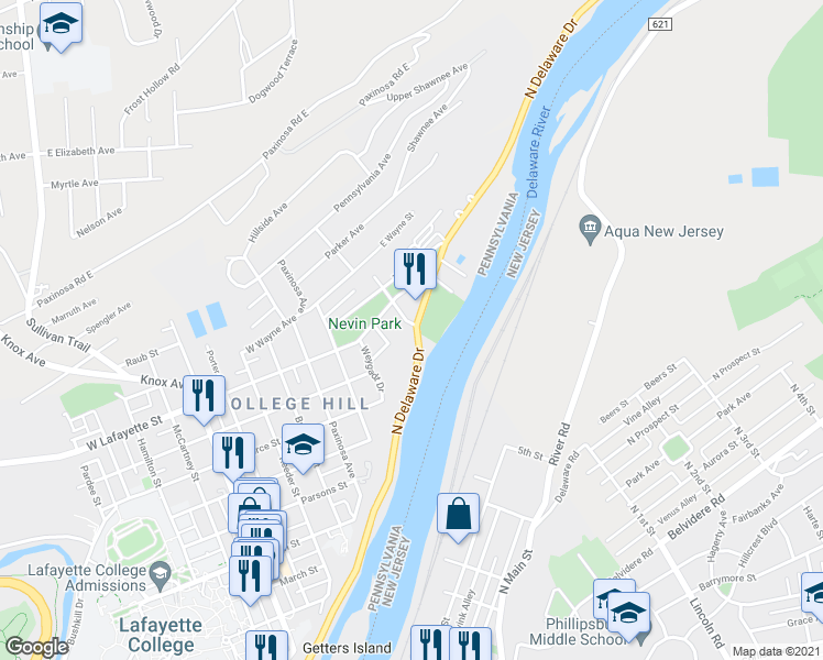 map of restaurants, bars, coffee shops, grocery stores, and more near 590 North Delaware Drive in Easton