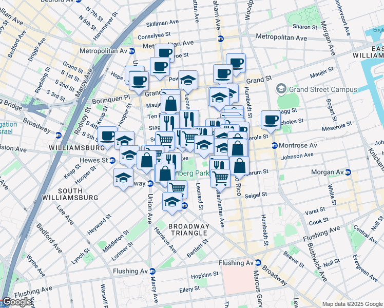 map of restaurants, bars, coffee shops, grocery stores, and more near 71 Montrose Avenue in Brooklyn