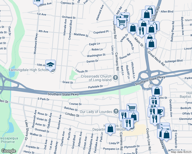 map of restaurants, bars, coffee shops, grocery stores, and more near 25 Grant Street in Farmingdale