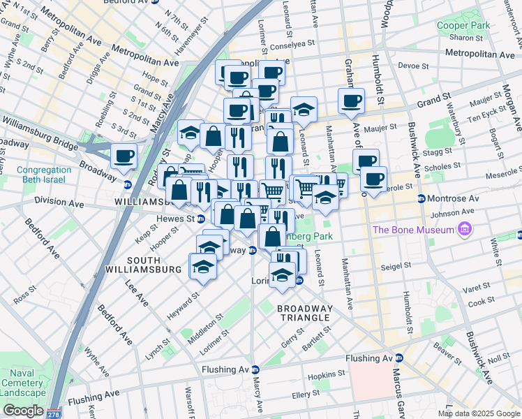 map of restaurants, bars, coffee shops, grocery stores, and more near 210 Union Avenue in Brooklyn