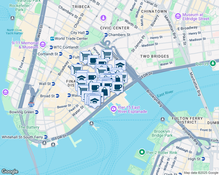 map of restaurants, bars, coffee shops, grocery stores, and more near 12 Fulton Street in New York