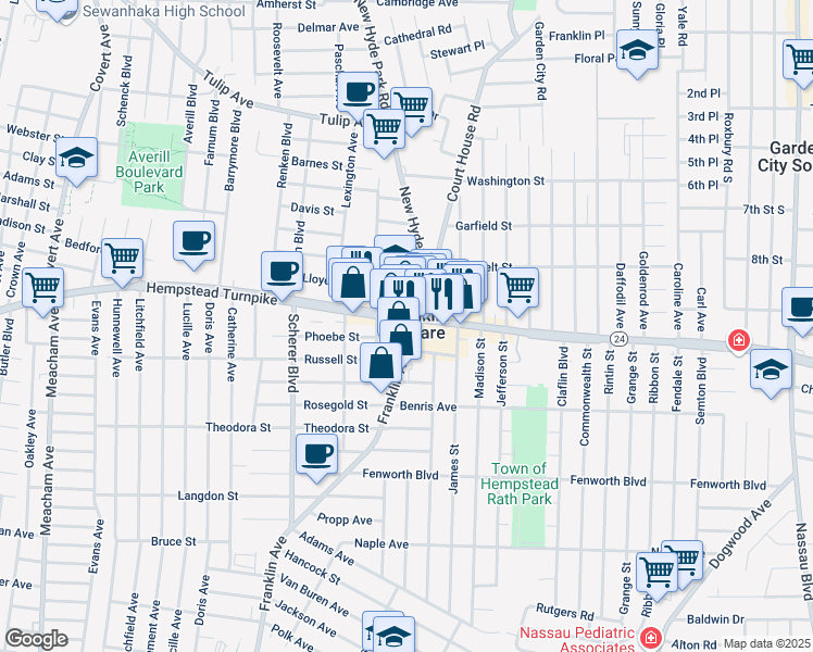 map of restaurants, bars, coffee shops, grocery stores, and more near 989 Hempstead Turnpike in Franklin Square