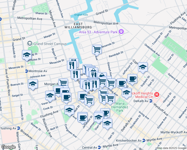 map of restaurants, bars, coffee shops, grocery stores, and more near 70 Porter Avenue in Brooklyn