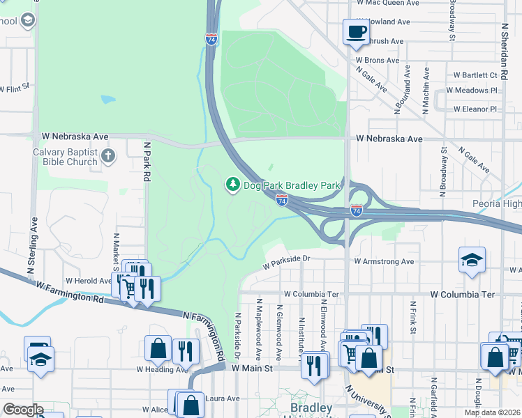 map of restaurants, bars, coffee shops, grocery stores, and more near 1314 North Park Road in West Peoria