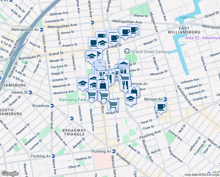 map of restaurants, bars, coffee shops, grocery stores, and more near 221 Johnson Avenue in Brooklyn