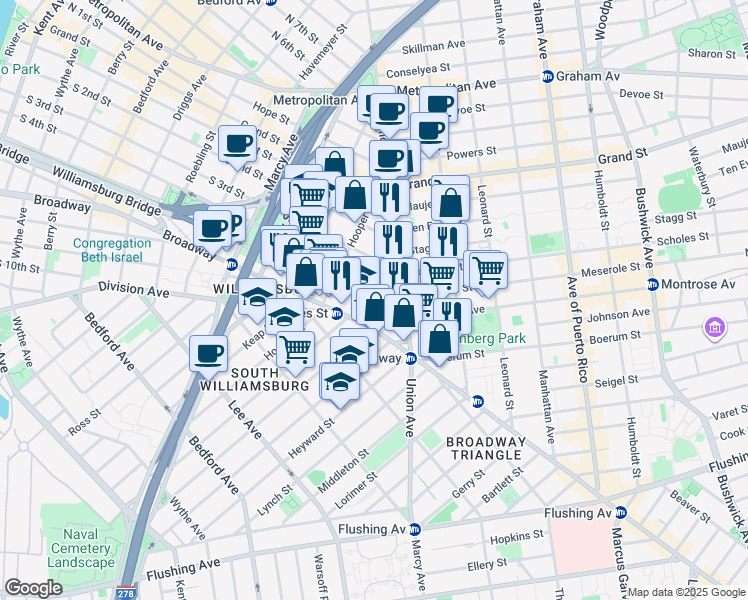 map of restaurants, bars, coffee shops, grocery stores, and more near 413 South 5th Street in Brooklyn