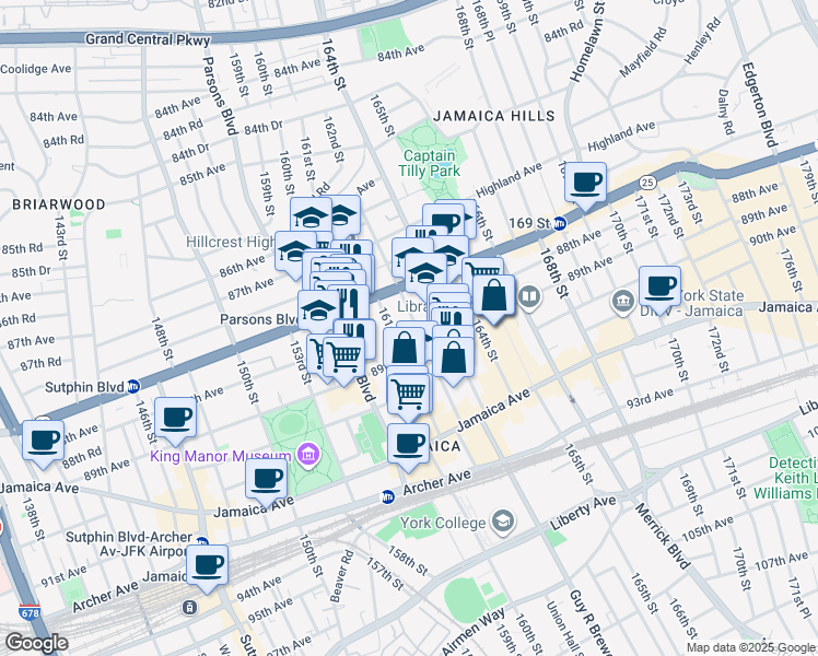map of restaurants, bars, coffee shops, grocery stores, and more near 88-47 161st Street in Queens