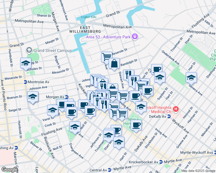 map of restaurants, bars, coffee shops, grocery stores, and more near 41 Varick Avenue in Brooklyn