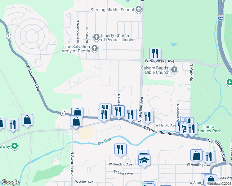 map of restaurants, bars, coffee shops, grocery stores, and more near 1522 North Pierson Avenue in West Peoria
