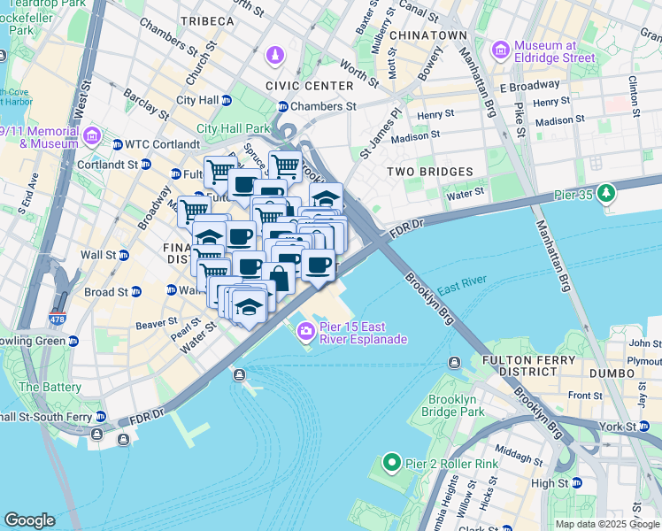 map of restaurants, bars, coffee shops, grocery stores, and more near 115 South Street in New York
