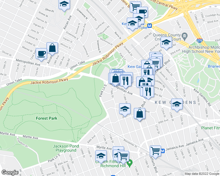 map of restaurants, bars, coffee shops, grocery stores, and more near 115-01 Grosvenor Road in Queens