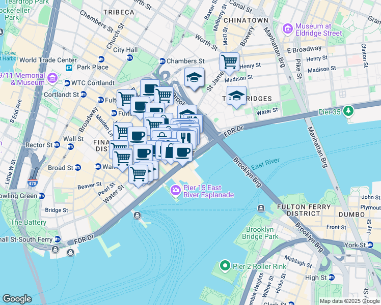 map of restaurants, bars, coffee shops, grocery stores, and more near 115 South Street in New York
