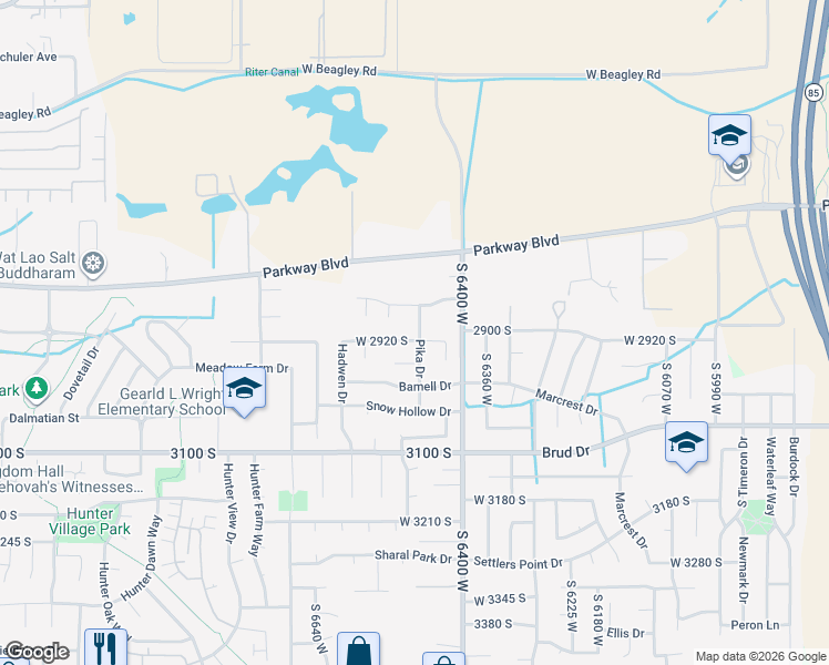 map of restaurants, bars, coffee shops, grocery stores, and more near 2908 Pika Drive in West Valley City