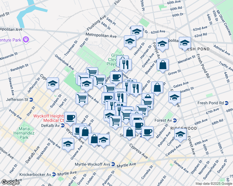 map of restaurants, bars, coffee shops, grocery stores, and more near 18-74 Harman Street in Queens